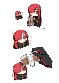 2girls blush chibi crest excited expressionless family_crest gloves goma1021 hair_over_one_eye high_collar highres long_hair multiple_girls no_mouth oda_nobunaga_(fate) oda_nobunaga_(maou_avenger)_(fate) red_eyes red_hair signature simple_background straight_hair upper_body very_long_hair