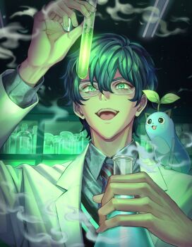 1boy collared_shirt commentary_request creature creature_on_shoulder glasses green_eyes green_hair highres holding holding_beaker holding_vial jacket leos_vincent male_focus mitama_(mokochiko) necktie nijisanji on_shoulder open_mouth scientist shirt short_hair smoke striped_clothes striped_necktie test_tube vial virtual_youtuber white_jacket