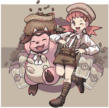1girl ;d absurdres alternate_costume blush_stickers bottle brown_footwear brown_headwear brown_shorts brown_socks commentary_request eyelashes gen_2_pokemon hair_ornament hairclip hat highres kneehighs knees leg_up long_hair long_sleeves looking_at_viewer milk_bottle miltank moomoo_milk nintendo one_eye_closed open_mouth pink_eyes pink_hair pokemon pokemon_(creature) pokemon_hgss shirt shoes shorts smile socks stchame striped_clothes striped_socks suspenders tongue vest white_shirt whitney_(pokemon)