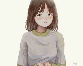 1girl averting_eyes blush brown_hair grey_eyes grey_sweater highres long_sleeves looking_at_viewer medium_hair nena_labo original parted_bangs parted_lips signature simple_background solo sweater upper_body white_background