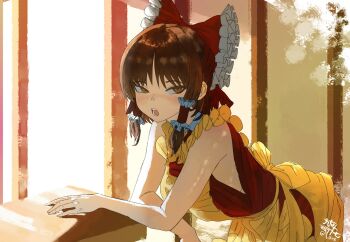 1girl apron armpits bare_shoulders blush bow brown_eyes brown_hair hair_tubes hakurei_reimu highres leaning_forward looking_at_viewer medium_hair open_mouth qvikingr red_bow red_shirt red_skirt shirt skirt sleeveless sleeveless_shirt solo teeth touhou twitter_username yellow_apron