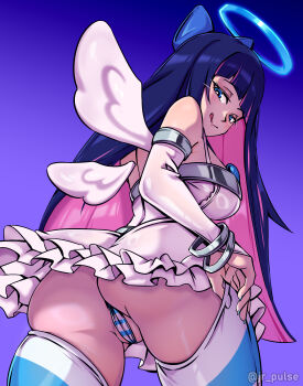 1girl absurdres angel angel_wings ass blue_eyes blue_hair bow breasts cameltoe colored_inner_hair from_behind hair_bow halo highres jrpulse long_hair looking_at_viewer looking_back multicolored_hair panties panty_&amp;_stocking_with_garterbelt pink_hair solo stocking_(psg) thighhighs thighs underwear wings