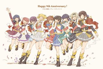 >_< 6+girls :d ;d =_= aijo_karen anniversary arm_around_another's_waist arm_up ascot bell belt belt_buckle black-framed_eyewear black_boots black_hair black_hairband black_jacket black_skirt blonde_hair blue_bow blue_hair blue_jacket blue_skirt blush_stickers boots bow brown_background brown_hair buckle closed_eyes commentary confetti copyright_name crown daiba_nana epaulettes full_body fur-trimmed_jacket fur_trim glasses green_jacket green_ribbon green_skirt grey_skirt hair_bell hair_bow hair_ornament hair_over_shoulder hair_ribbon hairband half_updo hanayagi_kaoruko hand_on_another's_shoulder hand_on_another's_waist highres hoshimi_junna isurugi_futaba jacket jacket_on_shoulders jingle_bell jumping kagura_hikari knee_boots leg_up long_hair looking_at_viewer low_side_ponytail midair mini_crown miniskirt multicolored_jacket multiple_girls one_eye_closed open_mouth outstretched_arm parted_bangs partially_unbuttoned pink_jacket pleated_skirt purple_eyes purple_hair purple_jacket red_hair red_jacket red_sash red_skirt ribbon saijo_claudine sash shirt short_hair short_twintails shoujo_kageki_revue_starlight shoulder_sash side_ponytail simple_background single_horizontal_stripe skirt smile sparkle sparkle_hair_ornament standing standing_on_one_leg striped_clothes striped_skirt tassel tendo_maya tsuyuzaki_mahiru twintails two-tone_jacket two_side_up untranslatable_commentary waist_cape white_ascot white_jacket white_sash white_shirt white_skirt xilailiu33942 yellow_belt