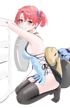 Rule 34 | 1girl, agumon, black bra, black panties, black thighhighs, blue camisole, blue eyes, blush, bra, breasts, camisole, digimon, digimon (creature), digimon story: cyber sleuth, from side, full body, gabumon, highres, kneeling, looking at viewer, medium breasts, mianbaoren, nail polish, panties, parted lips, red hair, shiramine nokia, sideless outfit, smile, solo focus, thighhighs, twintails, underwear, washing machine