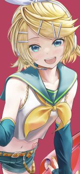 1girl bare_shoulders belt belt_buckle blonde_hair blue_arm_warmers blue_eyes blue_sailor_collar blue_shorts blue_sleeves blush bow breasts buckle collarbone commentary_request crop_top detached_sleeves fortissimo hair_bow hair_ornament hairclip head_tilt headphones headset highres hxk4_n kagamine_rin kagamine_rin_(vocaloid4) looking_at_viewer midriff navel neckerchief number_tattoo open_mouth orange_belt pink_background red_background sailor_collar shirt short_hair shorts sleeveless sleeveless_shirt small_breasts smile solo stomach_tattoo swept_bangs tattoo vocaloid yellow_nails yellow_neckerchief