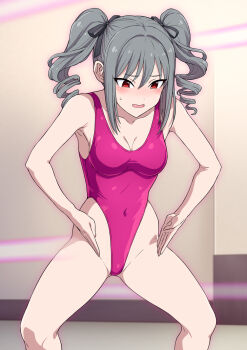 1girl armpits blush breasts cleavage commentary_request covered_navel drill_hair embarrassed grey_hair hai_(h81908190) haigure_pose hair_ribbon highleg highleg_leotard highres idolmaster idolmaster_cinderella_girls kanzaki_ranko leotard medium_breasts pink_leotard red_eyes ribbon solo twin_drills twintails