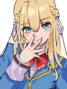 1girl blonde_hair blue_eyes bow bowtie braid commentary_request hair_ribbon hand_on_own_face heaven_burns_red long_hair nemuizzzp red_bow red_bowtie ribbon toujou_tsukasa