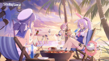 6+girls amber_(stella_sora) animal_ears bacon beach blue_sailor_collar chair commentary cooking cropped_shirt crossed_legs eating elbow_gloves english_commentary feeding food fruit game_cg gloves grill grilling hammock high_ponytail highres holding holding_plate holding_skewer iris_(stella_sora) karin_(stella_sora) lifebuoy long_hair lounge_chair low_twintails mistique_(stella_sora) multiple_girls neckerchief noya_(lingering_sunlight)_(stella_sora) noya_(stella_sora) official_art on_chair on_hammock outdoors palm_tree pink_neckerchief plate playboy_bunny_swimsuit ponytail purple_hair rabbit_ears sailor_collar sailor_shirt shia_(stella_sora) shirt sitting skewer sleeveless sleeveless_shirt stella_sora swim_ring tree twintails watermelon watermelon_slice white_gloves white_shirt