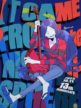 1boy 1girl adventure_time anniversary bass_guitar black_hair blue_pants colored_sclera commentary_request dated demon_boy denim english_text episode_title fangs father_and_daughter fingernails flip-flops full_body highres holding holding_bass_guitar holding_instrument hunson_abadeer instrument jeans long_hair long_sleeves marceline_abadeer official_alternate_costume official_alternate_hairstyle pants pointy_ears raya_(uk_0128) red_eyes sandals sharp_teeth shirt slit_pupils smile striped_clothes striped_shirt teeth toenails torn_clothes torn_jeans torn_pants two-tone_shirt v-neck vampire yellow_sclera