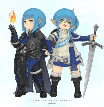 2girls aqua_hair armor black_boots boots closed_mouth commentary_request commission dark_knight_(final_fantasy) eyebrows_hidden_by_hair final_fantasy final_fantasy_xiv fire flat_chest full_body gloves green_eyes helmet highres holding holding_unworn_helmet holster lalafell looking_at_viewer multiple_girls open_mouth paladin_(final_fantasy) pauldrons puluie pyrokinesis shield shield_on_back short_hair shoulder_armor smile sweater thigh_holster turtleneck turtleneck_sweater unworn_headwear unworn_helmet warrior_of_light_(ff14) white_sweater