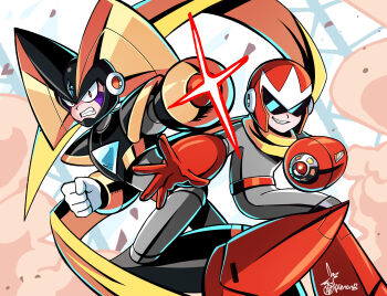 2boys aiming aiming_at_viewer arm_cannon armor assault_visor bass_(mega_man) black_armor black_helmet chest_jewel clenched_hand clenched_teeth facial_mark forehead_jewel glint helmet highres male_focus mega_man_(classic) mega_man_(series) multiple_boys parted_lips proto_man red_eyes red_helmet scarf smirk teeth weapon xenon_(xenonb) yellow_scarf
