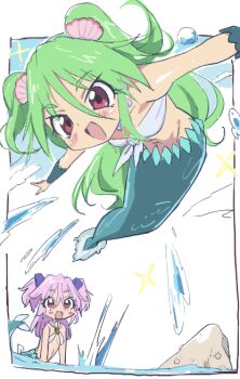 2girls :d bikini blush breasts fang front-tie_bikini_top front-tie_top green_hair hair_between_eyes hair_ornament hibimegane hii-chan jewelry long_hair mermaid monster_girl multiple_girls muromi-san namiuchigiwa_no_muromi-san navel necklace open_mouth outstretched_arms pink_eyes pink_hair pretzel_bikini red_eyes rock seashell shell shell_hair_ornament small_breasts smile splashing spread_arms starfish swimsuit two_side_up water