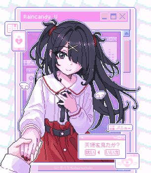 1girl 1other absurdres ame-chan_(needy_girl_overdose) angel_wings artist_name belt black_eyes black_hair character_name collared_shirt detached_wings diagonal_bangs dress floating_hair hair_ornament hair_over_one_eye hand_on_own_chest highres holding_hands koharustuki long_hair long_sleeves looking_at_viewer mini_wings nail_polish neck_ribbon needy_girl_overdose pixel_art pov pov_hands red_nails red_skirt ribbon shirt shirt_tucked_in skirt smile solo_focus sparkle two_side_up user_interface white_shirt window_(computing) wings x_hair_ornament