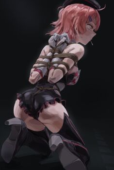 1girl a_tea arms_behind_back bare_shoulders bdsm bondage boots bound bound_arms breasts brown_eyes cheeta_(girls&#039;_frontline_2) cheeta_(sparks_on_the_circuit)_(girls&#039;_frontline_2) crotch_rope detached_collar frilled_leotard frills girls&#039;_frontline girls&#039;_frontline_2:_exilium gloves hat highres kneeling leotard long_hair looking_to_the_side medium_breasts mp7_(girls&#039;_frontline) pink_hair shibari shibari_over_clothes side_ponytail skindentation tam_o&#039;_shanter thigh_boots white_gloves