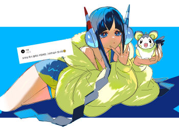 Rule 34 | 1girl, 5oh5s2, black hair, blue eyes, blunt bangs, breasts, coat, commentary request, elesa (pokemon), emolga, gen 5 pokemon, headphones, highres, jacket, long hair, looking at viewer, lying, nintendo, open mouth, pokemon, pokemon (creature), pokemon bw2, shorts, sidelocks, sleeveless, smile, yellow coat, yellow jacket