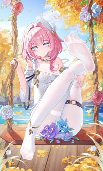 1girl absurdres blue_eyes blush cyrene_(honkai:_star_rail) feet flower foot_up highres honkai:_star_rail honkai_(series) jndfh long_hair looking_at_viewer pantyhose pink_hair smile soles strap_slip swing toes white_pantyhose