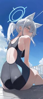 1girl absurdres animal_ear_fluff animal_ears ass bare_shoulders black_one-piece_swimsuit blue_archive blue_eyes blue_one-piece_swimsuit blue_sky breasts cloud commentary_request competition_swimsuit cross_hair_ornament day expressionless extra_ears from_behind from_below grey_hair hair_ornament halo hashtag-only_commentary highres looking_at_viewer looking_back medium_hair mismatched_pupils multicolored_swimsuit official_alternate_costume one-piece_swimsuit outdoors ponytail pool poolside shiroko_(blue_archive) shiroko_(swimsuit)_(blue_archive) sideways_glance sitting sky solo soya_(torga) swimsuit wolf_ears