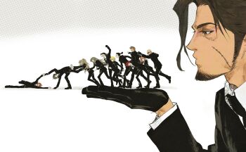 4girls 6+boys bald beard before_crisis:_final_fantasy_vii bindi black_footwear black_gloves black_necktie black_pants black_suit blonde_hair breasts brown_hair cissnei closed_eyes collared_shirt facial_hair facial_mark facial_scar final_fantasy final_fantasy_vii formal_clothes furrowed_brow glasses gloves goggles goggles_on_head gun_(female) hand_up highres in_palm jacket long_hair martial_arts_(female) martial_arts_(male) medium_breasts multiple_boys multiple_girls necktie open_mouth outstretched_arms pants ponytail puckered_lips quxiaochong reno_(ff7) rod_(male) rude_(ff7) scar scar_on_cheek scar_on_face shirt short_hair shotgun_(female) sideburns suit suit_jacket sunglasses tseng two_guns_(male) white_background white_shirt