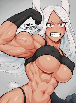 1girl :d abs angry animal_ears artist_name bare_shoulders biceps black_gloves black_panties black_sports_bra boku_no_hero_academia breasts clenched_hands clenched_teeth covered_erect_nipples crop_top dark-skinned_female dark_skin fang flexing gloves grey_background harurukan highleg highleg_panties highres large_breasts long_eyelashes long_hair looking_at_viewer mirko muscular muscular_female navel obliques open_mouth panties parted_bangs puffy_nipples rabbit_ears rabbit_girl rabbit_tail red_eyes signature smile solo sports_bra stomach straight_hair strong tail teeth thick_thighs thighs thong underboob underwear upper_body v-shaped_eyebrows veins veiny_arms white_hair
