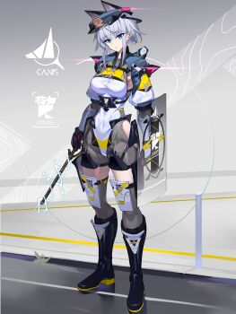 1girl absurdres animal_ears baton_(weapon) black_boots black_gloves blue_eyes blue_hat boots breasts closed_mouth clothing_cutout commentary_request crossed_bangs dog_ears expressionless fake_animal_ears full_body gloves grey_hair hair_between_eyes hat hide448 highleg highleg_leotard highres hip_vent holding_baton_(weapon) knee_boots leotard looking_at_viewer medium_breasts original police police_hat police_uniform policewoman puffy_short_sleeves puffy_sleeves riot_shield road shield short_sleeves shrug_(clothing) sidelocks sidewalk solo standing stun_baton weapon white_leotard