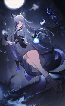 1girl animal_ears azur_lane bandaged_leg bandages bare_legs black_gloves blue_eyes blue_fire blue_kimono blush boots breasts clenched_hand commentary_request expressionless fire fox_ears from_below full_body full_moon gloves glowing glowing_eyes hair_over_one_eye hand_up highres japanese_clothes kasumi_(azur_lane) kasumi_(meta)_(azur_lane) kimono komuer lace-up_boots long_hair looking_at_viewer looking_down medium_breasts moon night night_sky parted_lips shadow sky solo standing star_(sky) starry_sky thighs very_long_hair white_hair