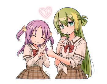 2girls ^_^ alina_gray blonde_hair blunt_ends bow bowtie brown_skirt closed_eyes closed_mouth collared_shirt cowboy_shot cropped_legs drinking drinking_straw drinking_straw_in_mouth green_hair hair_between_eyes heart heart_hands_failure highres holding_carton layered_sleeves long_hair long_sleeves magia_record:_mahou_shoujo_madoka_magica_gaiden mahou_shoujo_madoka_magica milk_carton miniskirt misono_karin multicolored_hair multiple_girls parted_bangs plaid_clothes plaid_skirt purple_hair red_bow red_bowtie rioran sakae_general_school_uniform school_uniform shirt short_over_long_sleeves short_sleeves sidelocks simple_background skirt smile standing straight_hair strawberry_milk streaked_hair thumbs_up two_side_up white_background white_shirt wing_collar