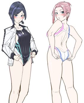 2girls ass bare_back blue_eyes blush breasts circle_lpumpkin competition_swimsuit dead_or_alive dead_or_alive_xtreme dead_or_alive_xtreme_venus_vacation elise_(doa) embarrassed from_behind green_eyes jacket long_hair looking_at_viewer multiple_girls one-piece_swimsuit pink_hair reika_(doa) swimsuit