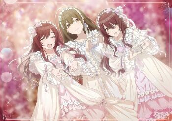 Rule 34 | 3girls, alstroemeria (idolmaster), brown eyes, brown hair, closed eyes, dress, frills, hairband, heart, heart hands, idolmaster, idolmaster shiny colors, kuwayama chiyuki, multiple girls, official art, open mouth, osaki amana, osaki tenka, red hair, smile, yellow eyes