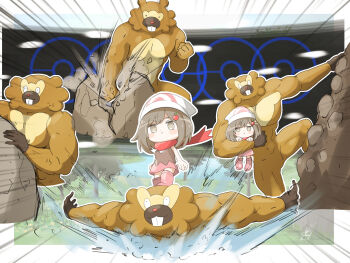 1girl beanie bibarel bidoof blush_stickers boots brown_eyes brown_hair carrying chibi closed_mouth commentary_request cosplay dawn_(pokemon) dawn_(pokemon)_(cosplay) emphasis_lines floating_scarf gen_4_pokemon glassy0302 hair_ornament hat highres kuraishi_ringo_(glassy0302) motion_blur multiple_views muscular nintendo original outline pink_boots poke_ball_symbol pokemon pokemon_(creature) pokemon_brilliant_diamond_and_shining_pearl pokemon_move punching red_scarf riding riding_pokemon rock_climb_(pokemon) rock_smash_(pokemon) scarf shirt skirt sleeveless sleeveless_shirt standing strength_(pokemon) surf_(pokemon) white_hat white_outline
