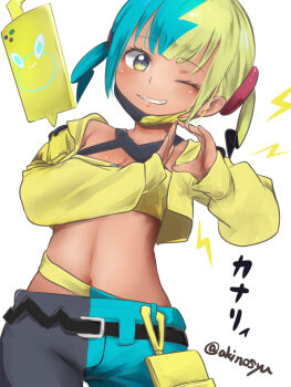 1girl akino_shuu artist_name black_mask black_pants blonde_hair blue_hair blue_pants canari_(pokemon) character_name commentary_request cowboy_shot cropped_jacket dark-skinned_female dark_skin gen_4_pokemon grin jacket lightning_bolt_symbol long_sleeves looking_at_viewer mask mask_pull mouth_mask multicolored_hair navel nintendo one_eye_closed pants parted_lips pokemon pokemon_legends:_z-a puffy_long_sleeves puffy_sleeves rotom rotom_phone short_hair smile solo split-color_hair sports_bra twintails twitter_username two-tone_hair two-tone_mask two-tone_pants yellow_eyes yellow_jacket yellow_mask yellow_sports_bra