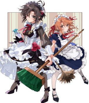 2girls apron black_dress black_eyes black_footwear blue_dress border bottle broom brown_background brown_hair commentary_request dress duster feather_duster flower frilled_apron frilled_dress frills full_body gloves hair_flower hair_ornament hair_ribbon half_gloves high_heels highres holding holding_broom holding_duster idolmaster idolmaster_cinderella_girls kikuchi_makoto kikuchi_makoto_(black_servant) long_hair long_sleeves looking_at_viewer maid maid_apron maid_headdress mochino multiple_girls neck_ribbon orange_hair pantyhose purple_eyes red_flower red_ribbon ribbon rose short_hair short_sleeves spray_bottle standing white_apron white_background white_border white_gloves wrist_cuffs yuuki_haru