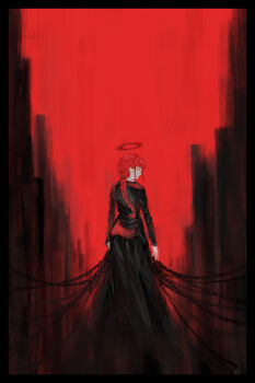 1girl absurdres black_dress braid braided_ponytail chain chainsaw_man dress highres kaichidai long_hair long_sleeves looking_back makima_(chainsaw_man) red_background red_hair sidelocks solo