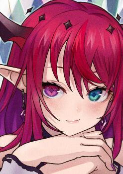 1girl aqua_eyes bare_shoulders black_horns blush closed_mouth diamond-shaped_pupils diamond_(shape) earrings fingernails gradient_hair halo head_on_hand head_rest heterochromia hololive hololive_english horns irys_(hololive) irys_(irys_2.0)_(hololive) jewelry lips long_hair looking_at_viewer multicolored_hair nail_polish oumi_mizu pointy_ears portrait purple_eyes purple_hair purple_nails red_hair smirk solo symbol-shaped_pupils virtual_youtuber