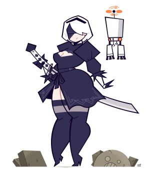 1girl 2b_(nier:automata) absurdres alvaro_gonzalez arm_at_side black_boots black_dress black_hairband black_thighhighs blindfold boots breasts cartoonized cleavage cleavage_cutout closed_mouth clothing_cutout covered_eyes dress facing_viewer feather-trimmed_sleeves full_body gloves hairband high_heel_boots high_heels highres holding holding_sword holding_weapon juliet_sleeves katana long_sleeves medium_breasts nier:automata nier_(series) pod_(nier:automata) puffy_sleeves ribbon robot rubble short_hair side_slit signature simple_background solo standing sword thick_thighs thighhighs thighs toon_(style) virtuous_contract weapon white_background white_hair