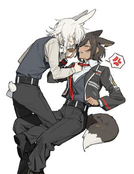 Rule 34 | 2girls, anger vein, animal ears, belt, black belt, black boots, black jacket, black pants, black vest, blue eyes, boots, brown hair, brown sweater, clothes grab, faust (project moon), fox ears, fox tail, hashtag-only commentary, highres, jacket, limbus company, multiple girls, necktie, necktie grab, neckwear grab, open mouth, outis (project moon), pants, project moon, rabbit ears, red necktie, short hair, smile, speech bubble, spoken anger vein, sweater, tail, uzr akira, vest, white hair, yuri