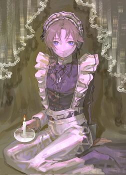 1boy apron black_bow black_bowtie black_dress black_gloves blue_eyes bow bowtie braid brown_hair bw_sekai candle closed_mouth collared_dress commentary crossdressing crossdressing_(mtf) curtains dress expressionless gloves highres jewelry kanae_(19th_costume)_(nijisanji) kanae_(nijisanji) long_hair long_sleeves looking_at_viewer maid maid_apron maid_headdress male_focus male_maid necklace nijisanji official_alternate_costume single_braid sitting solo symbol-only_commentary trap virtual_youtuber