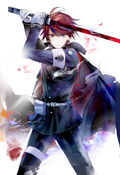 1boy ahoge armband belt belt_pouch black_cape black_jacket black_pants blue_eyes blue_hair buttons cape chinese_commentary closed_mouth commentary_request cowboy_shot eyeliner frown gakuran gloves high_collar highres holding holding_sword holding_weapon hole_in_chest hole_on_body jacket last_defense_academy_school_uniform liang_yan_yi_bi_jiushi_chong long_sleeves looking_at_viewer makeup male_focus multicolored_hair pants pouch red_eyeliner red_hair school_uniform short_hair solo streaked_hair sumino_takumi sword the_hundred_line_-last_defense_academy- thigh_strap tsurime two-tone_hair v-shaped_eyebrows weapon white_armband white_belt white_gloves