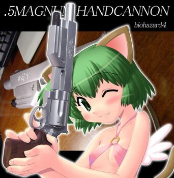 1girl :3 animal_ears bare_shoulders blush breasts cat_ears cat_tail cleavage covered_erect_nipples fang female_focus flat_chest green_eyes green_hair gun handgun hase_yu laser_pointer laser_sight magnum matching_hair/eyes nyano one_eye_closed original pistol resident_evil resident_evil_4 revolver s&amp;w_model_500 short_hair small_breasts smith_&amp;_wesson solo tail underboob underlug weapon wings wink