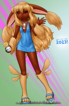 1girl 2023 :3 alloyrabbit animal_feet animal_nose bead_necklace beads black_sclera blonde_hair blue_dress blue_sandals blush body_fur brown_fur chinese_zodiac closed_mouth colored_sclera covered_erect_nipples covered_navel dress female_focus flat_chest full_body furry furry_female gen_4_pokemon giant giantess gluteal_fold green_background hair_between_eyes hand_up happy happy_new_year highres holding holding_pocket_watch jewelry leg_up legs light_blush long_hair looking_at_viewer lopunny necklace new_year nintendo no_bra personification pocket_watch pokemon pokemon_(creature) rabbit_ears rabbit_girl red_eyes roman_numeral sandals shiny_skin short_dress side_slit sidelocks sleeveless sleeveless_dress smile solo standing standing_on_one_leg thighs two-tone_fur very_long_hair watch waving year_of_the_rabbit yellow_fur