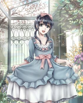 Rule 34 | 1girl, black hair, blue dress, blue eyes, bow, cherry blossoms, corpse party, cpsuna5119, dress, flower, garden, glowing, greenhouse, hair bow, hair ribbon, highres, holding own dress, indoors, long hair, looking at viewer, low twintails, open mouth, pink ribbon, plant, ribbon, shinozaki ayumi, smile, solo, sunlight, tree, tulip, twintails