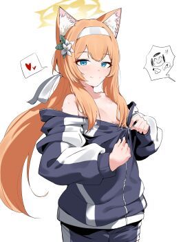 1girl absurdres animal_ear_fluff blue_archive doodle_sensei_(blue_archive) flower gym_shirt gym_shorts gym_uniform hair_flower hair_ornament hairband halo headband heart highres jacket long_hair low_ponytail mari_(blue_archive) mari_(track)_(blue_archive) multicolored_jacket no_shirt official_alternate_costume orange_hair partially_unzipped plentyofempty ponytail sensei_(blue_archive) shirt shorts spoken_heart sweat track_jacket two-tone_jacket undressing unzipping white_flower white_hairband white_headband