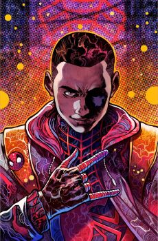 1boy \n/ abstract_background animal_print black_bodysuit black_hair bodysuit buzz_cut city colorful_background commentary dark-skinned_male dark_skin english_commentary gloves highres hood hooded_bodysuit hoodie jacket male_focus marvel miles_morales multicolored_bodysuit portrait print_bodysuit red_bodysuit red_gloves red_hoodie short_hair solo spider-man_(miles_morales) spider-man_(series) spider_print spider_web_print superhero_costume two-tone_bodysuit unworn_hoodie upper_body very_short_hair vinartwork