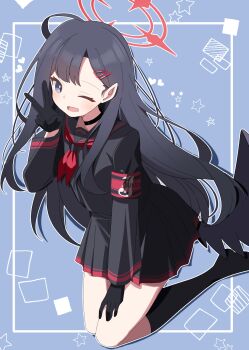 1girl ;d armband black_choker black_gloves black_hair black_sailor_collar black_serafuku black_shirt black_skirt black_wings blue_archive blue_background blush choker commentary_request gloves grey_eyes hair_ornament hairclip halo hand_up highres ichika_(blue_archive) long_hair long_sleeves looking_at_viewer low_wings neckerchief no_shoes one_eye_closed open_mouth pleated_skirt red_neckerchief sailor_collar sasanoha_(sasanoha0712) school_uniform serafuku shirt skirt smile solo star_(symbol) v very_long_hair wings