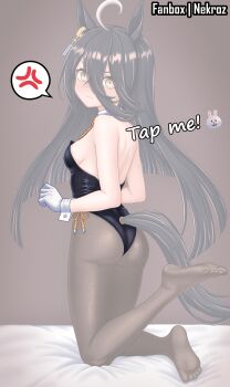 1girl ahoge alternate_costume anger_vein animal_ears ass back backless_leotard bare_shoulders black_hair black_leotard black_pantyhose black_tail blunt_ends blush breasts closed_mouth commentary_request detached_collar dot_nose ear_tag earrings embarrassed fanbox_username feet feet_up from_behind full_body hair_between_eyes highres horse_ears horse_girl horse_tail jewelry kneeling leotard long_bangs long_hair long_hair_between_eyes looking_at_viewer manhattan_cafe_(umamusume) medium_breasts meme mixed-language_commentary multicolored_hair necktie nekroz7 nontraditional_playboy_bunny pantyhose side-tie_leotard single_earring soles solo spoken_anger_vein straight_hair strapless strapless_leotard streaked_hair tail tap_me_(meme) toes umamusume very_long_hair white_hair white_wrist_cuffs wrist_cuffs yellow_eyes yellow_necktie