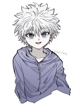 Rule 34 | 1boy, blue eyes, blue jacket, collarbone, commentary request, cropped torso, highres, hood, hood down, hooded jacket, hunter x hunter, jacket, killua zoldyck, looking at viewer, male focus, sha nato, short hair, simple background, smile, solo, spiked hair, tongue, triangle mouth, twitter username, white background, white hair, zipper, zipper pull tab