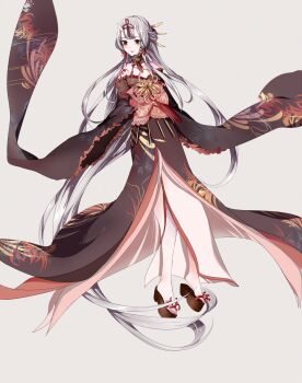 1girl bare_shoulders black_kimono bow breasts brown_sandals chinese_commentary cleavage commentary_request dot_nose eyelashes floral_print flower flower_knot frilled_bow frills full_body grey_background hair_bun hair_ornament hair_ribbon hair_tubes hairpin happy higabana_princess_(miracle_nikki) highres japanese_clothes kimono large_bow light_blush long_hair looking_to_the_side low-tied_sidelocks miracle_nikki multiple_hairpins nikki_(series) ninebirds no_socks off_shoulder okobo open_mouth pink_bow platform_sandals print_bow print_kimono red_eyes red_ribbon ribbon sandals sidelocks simple_background single_hair_bun smile solo spider_lily standing tassel tassel_hair_ornament toes very_long_hair white_hair