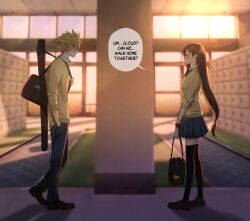 1boy 1girl absurdres alternate_universe azezazel bag black_hair black_thighhighs blonde_hair blue_eyes blurry blurry_background blush cloud_strife collared_shirt commentary contemporary couple dolphin dress_shirt earrings english_commentary english_text final_fantasy final_fantasy_vii from_side full_body hand_in_pocket height_difference highres holding holding_bag indoors jewelry long_hair looking_at_another low-tied_long_hair miniskirt necktie open_mouth pleated_skirt profile red_eyes red_necktie school school_uniform shirt shoes shoulder_bag skirt sleeves_rolled_up speech_bubble spiked_hair standing sunset sweater thighhighs tifa_lockhart white_shirt yellow_sweater zettai_ryouiki