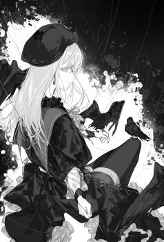 1girl absurdres bang_dream! bang_dream!_it's_mygo!!!!! beret bird capelet chinese_commentary commentary_request dkl_(dinosaurkl2) earrings greyscale hat highres jewelry long_hair long_sleeves monochrome mortis_(bang_dream!) mortis_(costume)_(bang_dream!) pantyhose pantyhose_under_shorts puppet_strings shorts smile solo wakaba_mutsumi