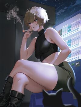 1girl :o black_boots black_cat black_skirt boots bottle breasts cat cigarette cloud commentary crop_top dead_by_daylight english_commentary heather_mason highres holding holding_cigarette midriff night open_mouth shirt short_hair silent_hill_(series) silent_hill_1 sitting skirt sky sleeveless sleeveless_shirt smoke solo star_(sky) suzusiron taut_clothes taut_shirt thick_thighs thighs vending_machine