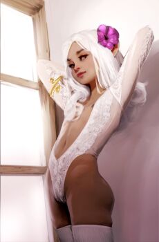 1girl armlet arms_behind_head arms_up ass breasts brown_eyes cameltoe cei_celeste center_opening dark-skinned_female dark_skin diathorn groin highleg highleg_leotard highres indoors jewelry leotard loli long_hair navel original pointy_ears realistic small_breasts solo stomach thighhighs thighs white_hair white_leotard white_thighhighs window